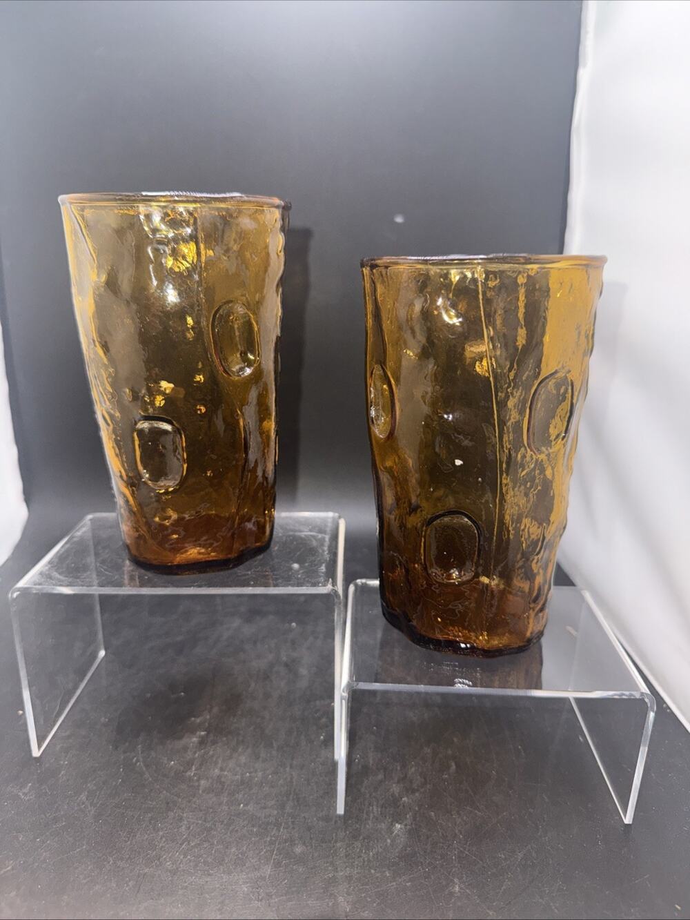 Vintage Decatur Amber Thumbprint Texglass Tumblers Set of 2 Brown Textured Glass